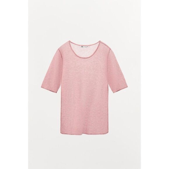 Zara Womens Wool Top Shirt Pink XL Round Neck Knit Short Sleeve 1223/917 NWT - Picture 1 of 8
